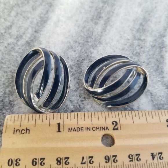 Vintage OPER Signed Retro Blue Enamel Post Earrings, 80s Design, Silver Tone - Picture 5 of 6